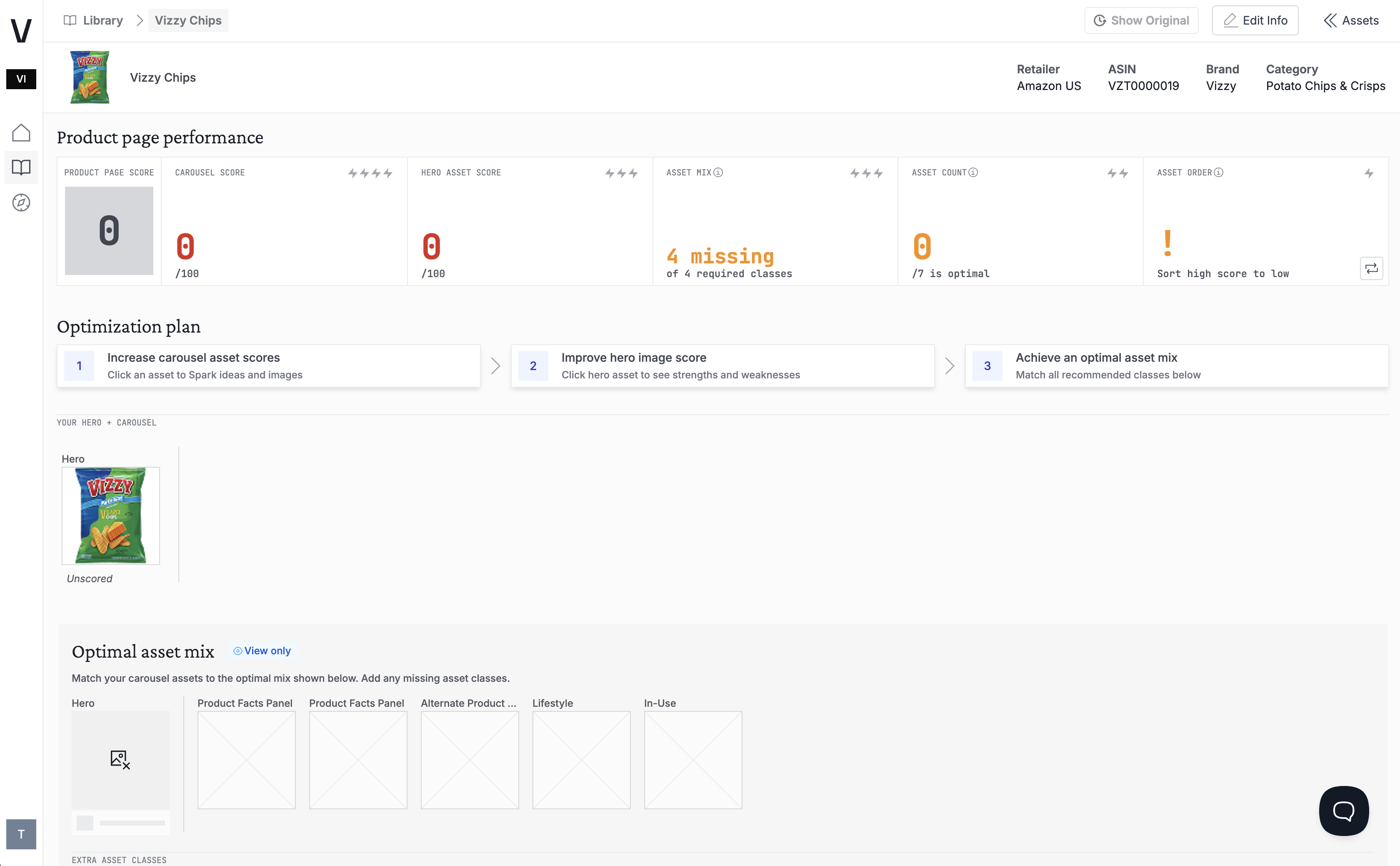 Vizit Product page performance dashboard — Vizzy Chips example showing 0/100 page score, optimization plan, and asset mix grid.